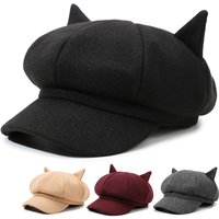 Cute Cat Ear Octagonal Hat, British Retro Wool Beret, Women's Solid Color Trendy Painter Hat