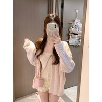 Women Sweet Kawaii Pink V-Neck Sweater Coat Autumn Winter Casual Loose Fashion Knit Cardigan Ladies Y2k Elegant Chic Top New