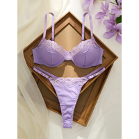 Elegant Purple Lace Bralette And Panty Set Soft Touch Gathering Support Sexy G-String Underwear