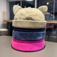 Spring Cute Cat Ears Brimless Hat Casual Solid Color Adjustable Cat Ear Beanie Hat Soft Breathable Washed Old Unisex Beanie Cap