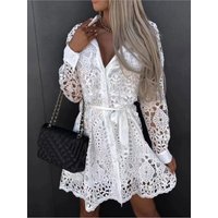 For Women Shirt White Dress New Autumn Fashion Elegant Out Lace Lace Up Vintage Woman Long Sleeve Casual Dresses Womens Clothing