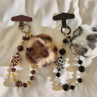 Vintage Personalized Fur Ball Pendant Leopard Print Bead Bracelet Suitable For Universal Ccd Headphone Keychain
