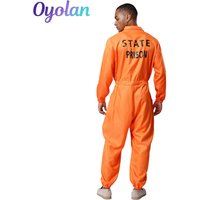 Mens Womens Prisoner Convict Cosplay Costume Halloween Orange Jail Overalls Jumpsuit Lapel Jailbird Unitard Inmate Jail Uniform