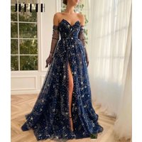 A-line فساتين السهرة Dark Blue Star Prom Dress Strapless Party Dress Detachable Sleeves Sexy Side Split Quinceanera Dress Custom