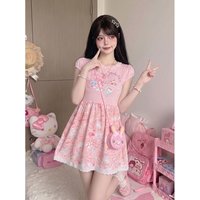 Cute Sweet Floral Print Short Sleeve Dress Women's Style Summer Soft Polyester A-Line Skirt Casual round Neck Dress