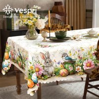 Vespri Easter Tablecloth Decor Linen Cover White Green Rabbit Bird Flower Round Rectangle Oval Polyester