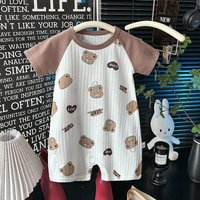 New Summer 0-2Y Baby Clothes Cute Cartoon Printed Girls Romper Contrast Color Sleeves Thin Ribbed Pure Cotton Boys Pajamas