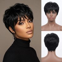 Black Layered Short Pixie Cut Synthetic Wig with Bangs, Soft Glueless Full Machine Made Wigs, Easy Wear&Go Daily Hair