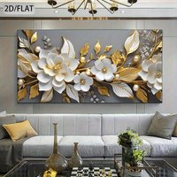 1pc frameless 2D Flat, Large Modern - White and Gold Floral Design, High Quality Print, Indoor/Outdoor for Decor