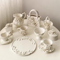 Light Luxury Style Relief Camellia Ceramic Vase Decoration For Home Use, High-Value Jewelry Decoration Jar Display Plate