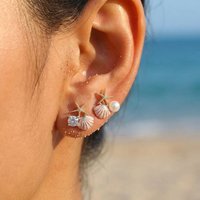 Boho Imitation Pearl Rhinestone Shell Starfish Asymmetrical Stud Earrings For Women Men Summer Ocean Beach Star Earring Jewelry