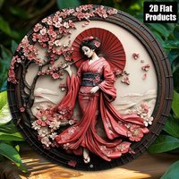 Aluminum Japanese Kimono Wall Art 8x8 Inch Cherry Blossom Geisha Sign Durable Home Decor