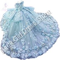 Light Blue Flower Girl Dress Fluffy Thin Straps For Wedding Bowknot Appliques Short Sleeve Kids Birthday First Communion Gown