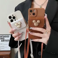 Cartoon Diamond Leather Wallet Holder Case for IPhone 14 13 11 15 16 Pro Max Plus 12 Mini XS XR X 14Pro 15Pro with Lanyard Cover