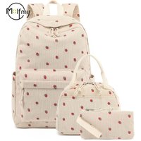 3/set Corduroy Backpacks Strawberry Multi-function Schoolbag Casual Travel Large Capacity Daily Lightweight Students School Bag