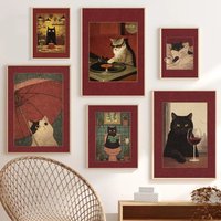 1pc frameless Cozy Cats Painting Poster Funny Cat Art Prints Canvas Painting Red Series Wall Art Pictures Home Living Room Moder
