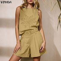 VONDA Women Short Sets 2PCS Summer Sleeveless Tops Loose Shorts Two-piece Outfits OL Work Party Elegant Matching Sets Streetwear