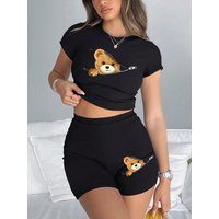 2 Pieces Set Women Slim Crop T-Shirts Shorts A Teddy Bear Emerged From The Zipper Prints Tops Sporty High Elastic Soft Clothes