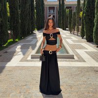 Off Shoulder Matching Sets For Women Cutout Crop Top High Waist Wide Leg Maxi Skirt Summer Beach Vacation Sexy Outfit 2 Colors