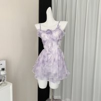 Women's Purple Dress Flower Sleeveless Strap French Elegant Cute Aesthetics Beach 2000s Style Mini Dress Summer Clothing 2025