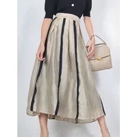 French Style New in Women Skirt Elegant A-LINE Pleated Striped Splicing Hepburn Skirt High Quality Linen Blended Midi Skirt