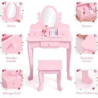 Kids' Vanity Set with Mirror, Makeup Table and Stool for Girls, Vanity Desk and Chair with Wood Makeup Playset for 4-9 Girls