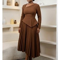Women Dresses 2026 Spring Autumn New Solid Color Elegant Slant Neck High Waist Commute Office Lady Medium Length Pleated Dress