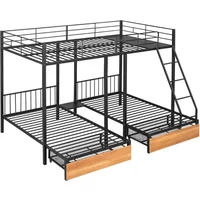 Full Over Twin & Twin Bunk Bed, Metal Triple Bunk Bed with Drawers and Guardrails