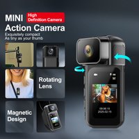 Mini 2.7K HD Action Camera, 180° rotatable lens, strong magnetic absorption. Built-in WiFi for quick file transfer. Compact wear