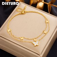 DIEYURO 316L Stainless Steel 2-Layer Butterfly Charm Anklets For Women Girl New Fashion Leg Chain Non-fading Jewelry Gift Party