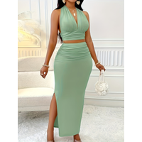 2026 Summer New Solid Color Long Skirt Set Hanging Neck Short Tank Top Wrapping Hip Skirt for Women