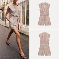 Spring 2026 Women's Sleeveless Stripe Romper with Belt Flip Collar Short One-Piece Suit European Style Slim Fit Daily Wear