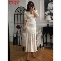 TTQV Summer Slim Print Women's Dress 2026 Sexy V-Neck Short Sleeve Ankle Length Dresses Elegant Classic High Waist Female Dress
