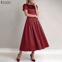 2026 ZANZEA Luxury Evening Gown Stylish Elegant Party Dress Women Short Sleeve A Line Satin Sundress High Waist Solid Color Robe