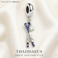 Blue Crossed Ski with Snowflake Dangle Charm For Women Men 925 Sterling Silver Winter Brand New Sport Gift