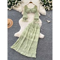French Vacation Pleated Top High-waisted Cake Tiered Half Skirt Women Skirt Set Slimming Seaside Beach Casual Daily Skirt Outfit