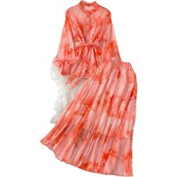 Women Clothing Skirt Floral Print 2 Piece Set Single Breasted Lace Up Loose Tops+Pleated Skirt Temperament Beach Chiffon Sets