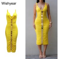 New Birthday Party Long Dresses for Women Sleeveless V Neck Ruched Sequined Bodycon Midi Dress Female Summer Vacation Club Robe