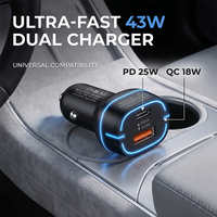 43W Car Charger USB C Dual Port Fast Charge Auto Adapter PD 25W QC 18W with LED Light Feature Fits Multiple Mobile Cell Phones