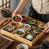 Japanese Bento Box with 9 Compartments Bamboo Storage Tray with Lid Creative Divided Plate for Hot Pot Restaurant Serving Tray