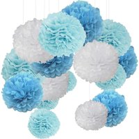 15er Set Pompoms Deko Bunt Seidenpapier Pompons für Hochzeit, Geburtstag, Party Blau Flach Blau Weiß