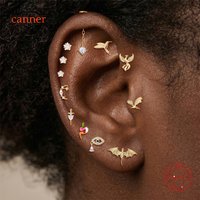 CANNER 1PC 925 Sterling Silver Goldfish Animal Series Threaded Flat Head Piercing Earring For Women INS CZ Ear Bone Earring Gift