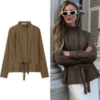 Women Pocket Stripe Printed Shirt Women Spring Fashion Vintage Long Sleeve With Belt Causal Elegant Loose Tops Female