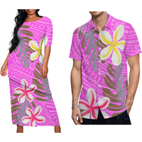 Polynesian Tribal Ethnic Floral Print Ladies Puletasi Casual Temperament Set Skirt Men Hawaiian Formal Shirt Couple Clothes