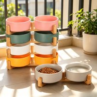 Ceramic Pet Bowl with Wood Stand, No Spill Double Bowl for Dog & Cat Food Water Feeder, for Small Dogs Cats