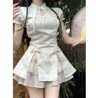 Chic Short Skirt Set Women's Summer Slimming Vintage Chinese Style Waist-Cinching Design Knot Floral Print Two-Piec...