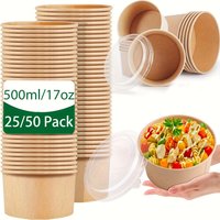 17Oz/500Ml 25/50 Pack Paper Bowls with Lids, Disposable Soup Bowls, Food Containers Lunch Box, Salad Bowls, Meal Prep Bowls