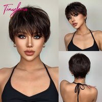 Kurze dunkelbraune synthetische Perücken im Pixie-Schnitt, natürliche gerade geschichtete Perücke mit flauschigem Pony für Frauen, tägliches hitzebeständiges Haar