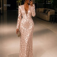 Women’s Prom Dress Sparkly Pink Sequin Mermaid Gown Long Sleeve Deep V Neck Formal Cocktail Gala Party Dresses Customized