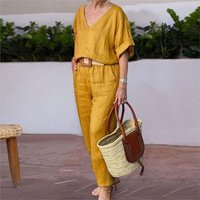 Pant Sets Cotton Linen Loose Women's Suit Short Sleeve V-Neck Top Long Pants Casual 2 Piece Set Female Fashion Ladies Clothes